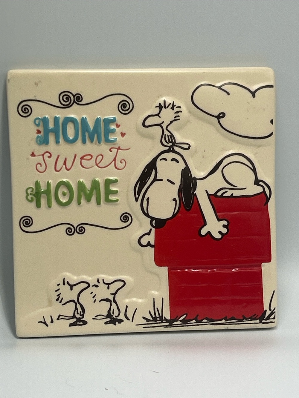 Peanuts ceramic tile with Snoopy, Woodstock — red, blue, green